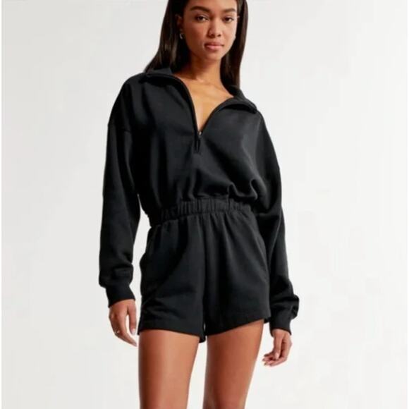ABERCROMBIE & FITCH Lounge Black Fleece Long Sleeve Romper Sz XL {Q22} - Picture 1 of 5